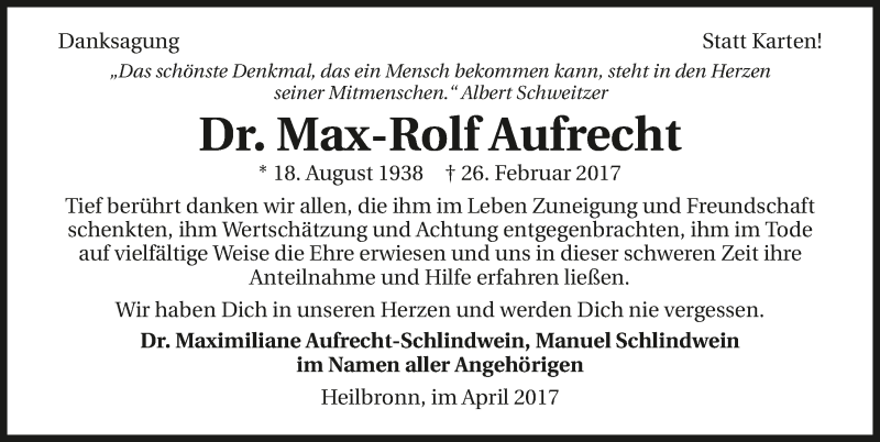  Traueranzeige für Max-Rolf Aufrecht vom 08.04.2017 aus 