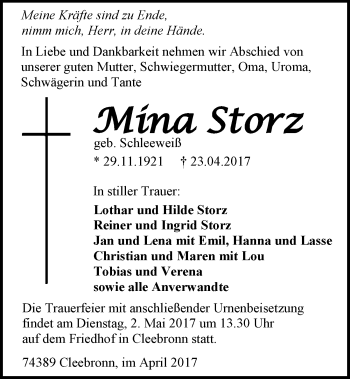Traueranzeige von Mina Storz 