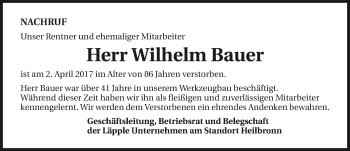 Traueranzeige von Wilhelm Bauer 