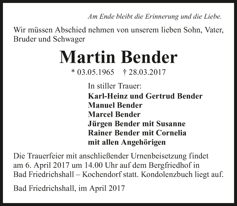 Traueranzeige für Martin Bender vom 03.04.2017 aus 