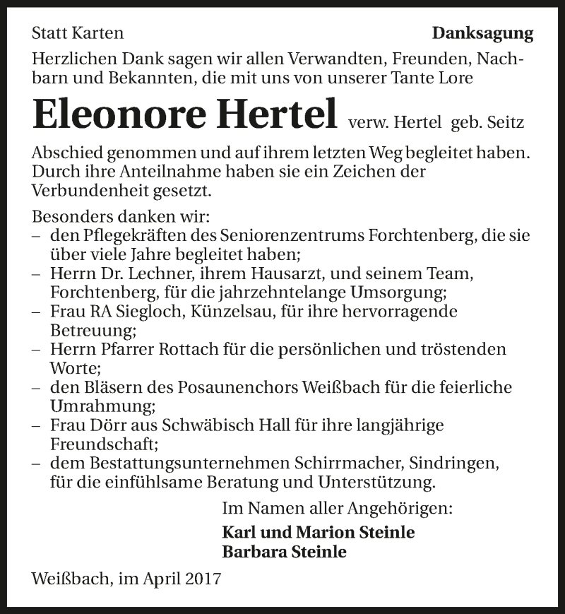  Traueranzeige für Eleonore Hertel vom 08.04.2017 aus 