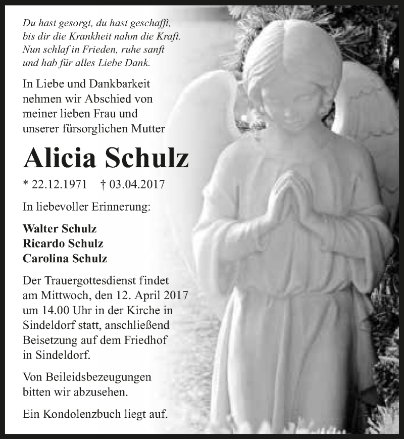  Traueranzeige für Alicia Schulz vom 06.04.2017 aus 