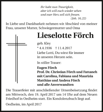 Traueranzeige von Lieselotte Förch 