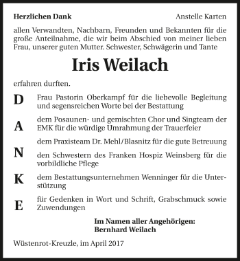 Traueranzeige von Iris Weilach 