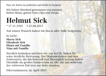 Traueranzeige von Helmut Sick 