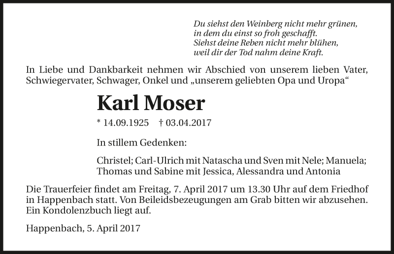  Traueranzeige für Karl Moser vom 05.04.2017 aus 