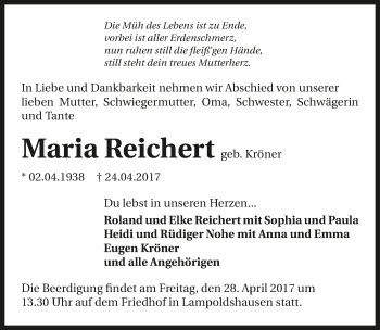 Traueranzeige von Maria Reichert 
