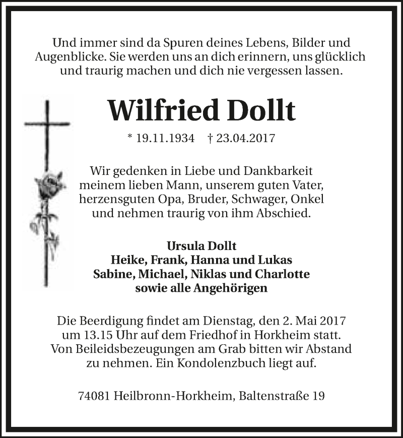  Traueranzeige für Wilfried Dollt vom 26.04.2017 aus 