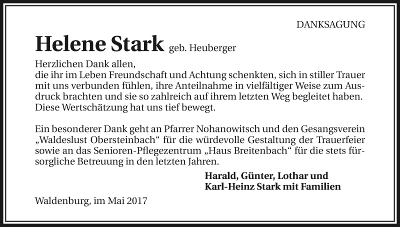  Traueranzeige für Helene Stark vom 20.05.2017 aus 