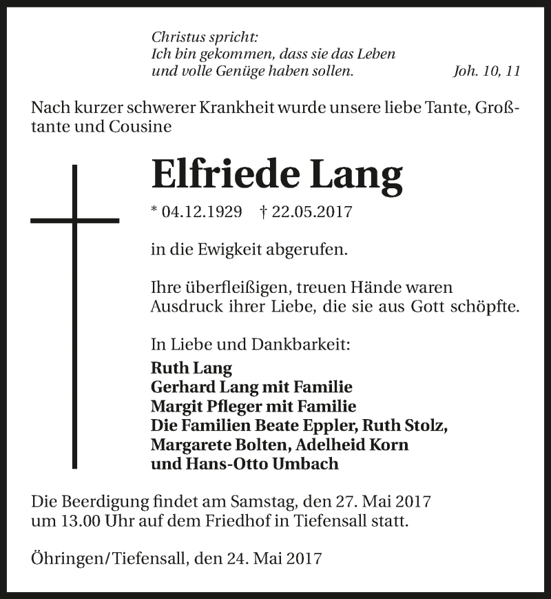  Traueranzeige für Elfriede Lang vom 24.05.2017 aus 