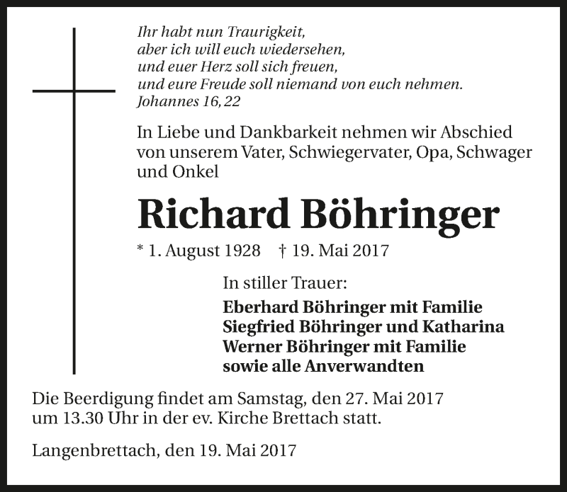  Traueranzeige für Richard Böhringer vom 23.05.2017 aus 