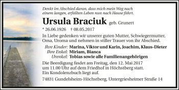 Traueranzeige von Ursula Braciuk 