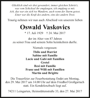 Traueranzeige von Oswald Vascovics 