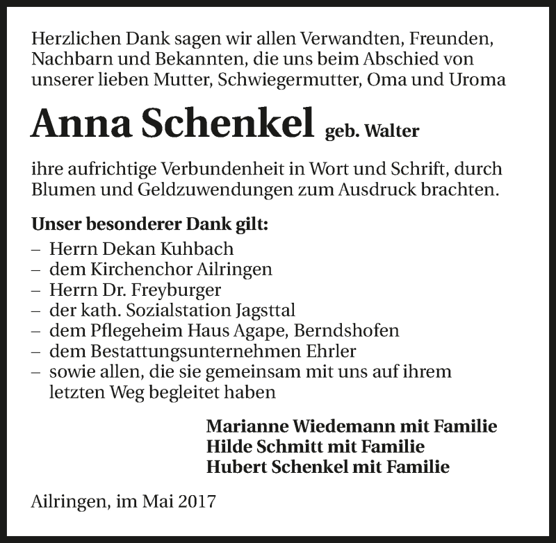  Traueranzeige für Anna Schenkel vom 13.05.2017 aus 