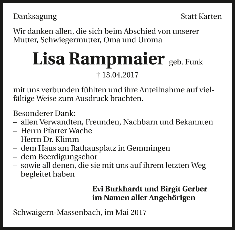  Traueranzeige für Lisa Rampmaier vom 13.05.2017 aus 