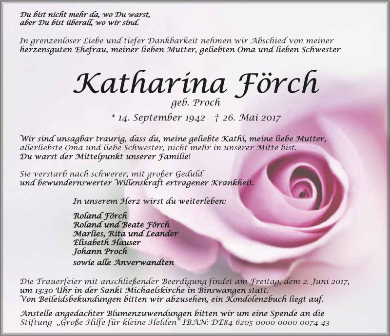  Traueranzeige für Katharina Förch vom 30.05.2017 aus 