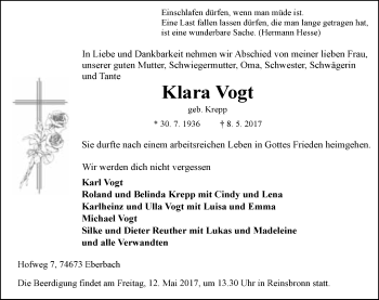 Traueranzeige von Klara Vogt 