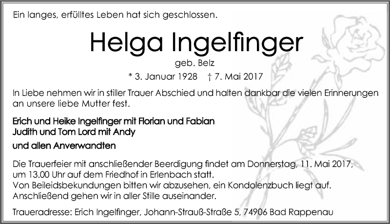  Traueranzeige für Helga Ingelfinger vom 09.05.2017 aus 