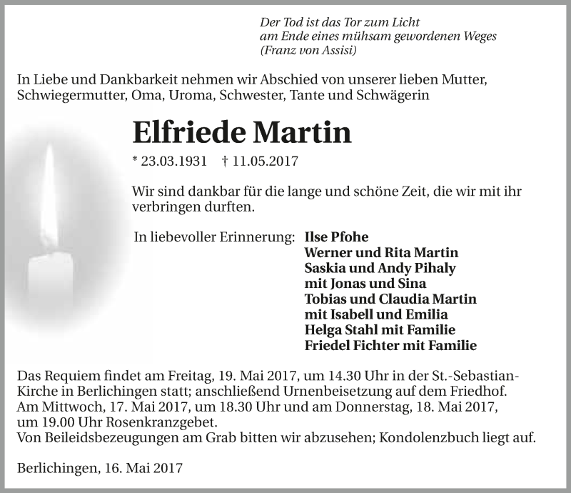  Traueranzeige für Elfriede Martin vom 16.05.2017 aus 