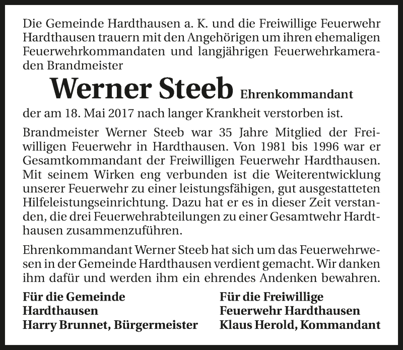  Traueranzeige für Werner Steeb vom 20.05.2017 aus 