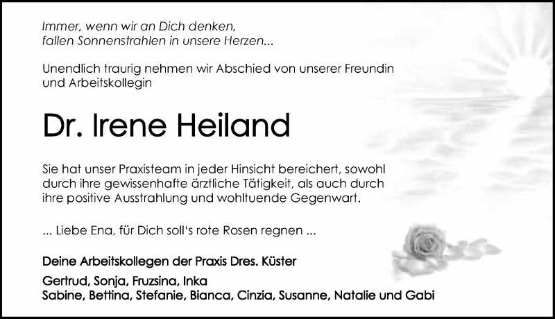  Traueranzeige für Irene Heiland vom 06.05.2017 aus 