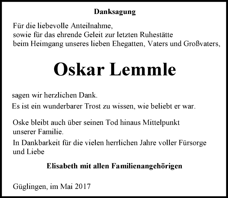  Traueranzeige für Oskar Lemmle vom 06.05.2017 aus 