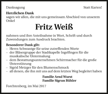 Traueranzeige von Fritz Weiß 