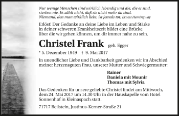 Traueranzeige von Christel Frank 