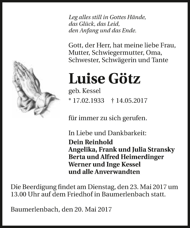  Traueranzeige für Luise Götz vom 20.05.2017 aus 