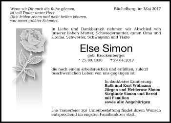 Traueranzeige von Else Simon 