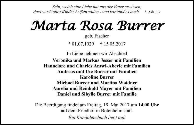  Traueranzeige für Marta Rosa Burrer vom 17.05.2017 aus 