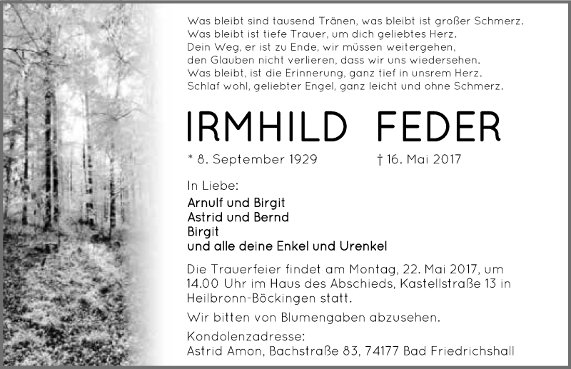  Traueranzeige für Irmhild Feder vom 18.05.2017 aus 