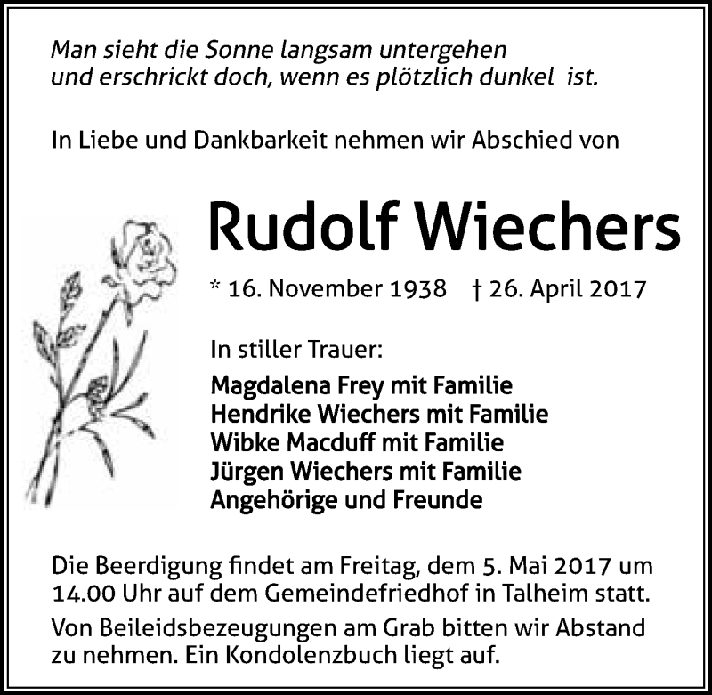  Traueranzeige für Rudolf Wiechers vom 01.05.2017 aus 