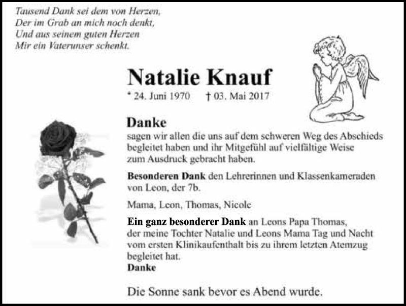  Traueranzeige für Natalie Knauf vom 20.05.2017 aus 