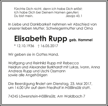 Traueranzeige von Elisabeth Rupp 