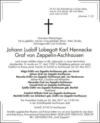 Traueranzeige von Johann Ludolf Lobegott Karl Hennecke Graf von Zeppelin-Aschhausen 