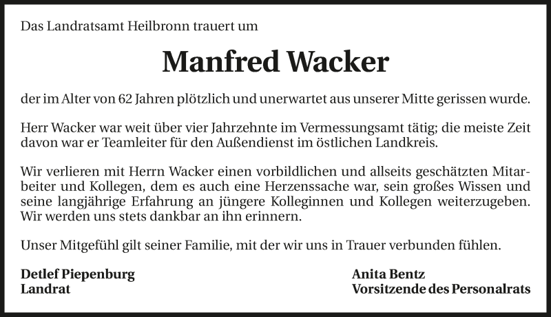  Traueranzeige für Manfred Wacker vom 06.05.2017 aus 