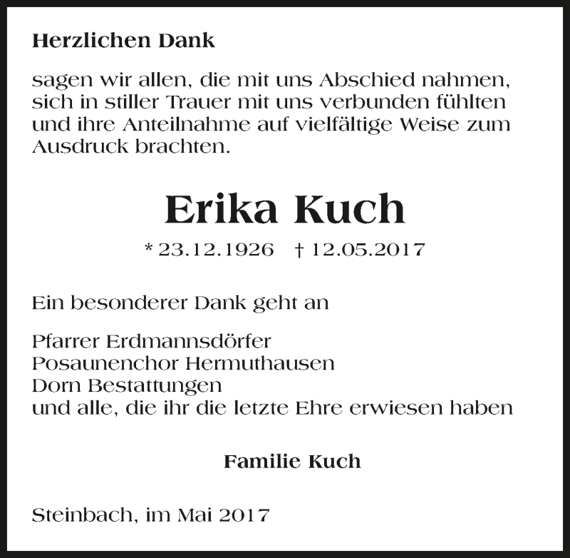  Traueranzeige für Erika Kuch vom 30.05.2017 aus 