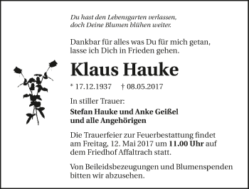 Traueranzeige von Klaus Hauke 