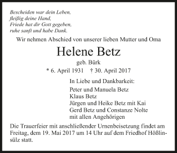 Traueranzeige von Helene Betz 