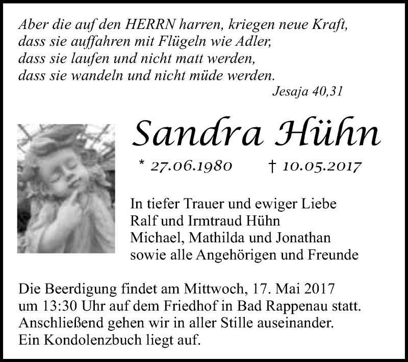  Traueranzeige für Sandra Hühn vom 13.05.2017 aus 
