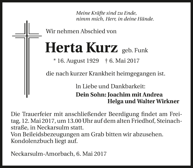  Traueranzeige für Herta Kurz vom 10.05.2017 aus 