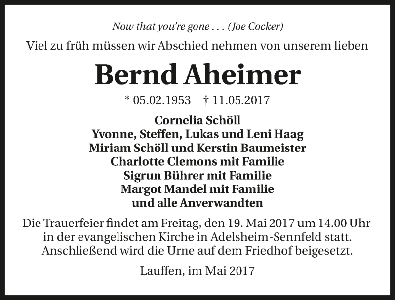  Traueranzeige für Bernd Aheimer vom 16.05.2017 aus 