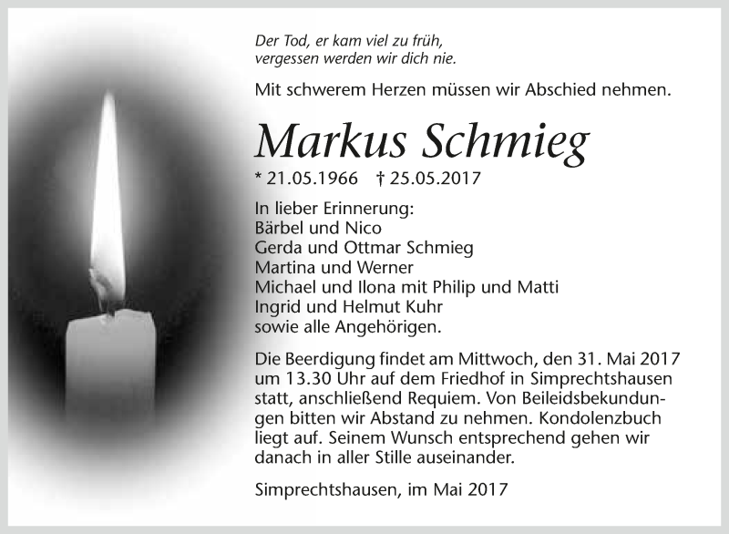  Traueranzeige für Markus Schmieg vom 29.05.2017 aus 