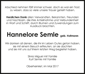 Traueranzeige von Hannelore Semle 