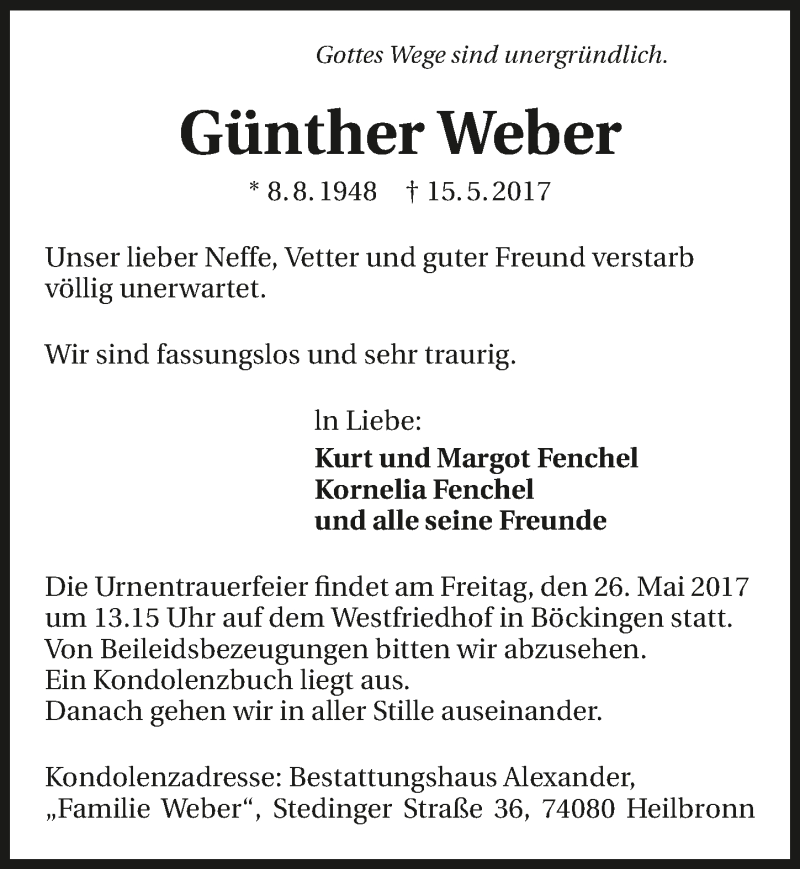  Traueranzeige für Günther Weber vom 24.05.2017 aus 