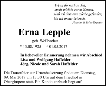 Traueranzeige von Erna Lepple 