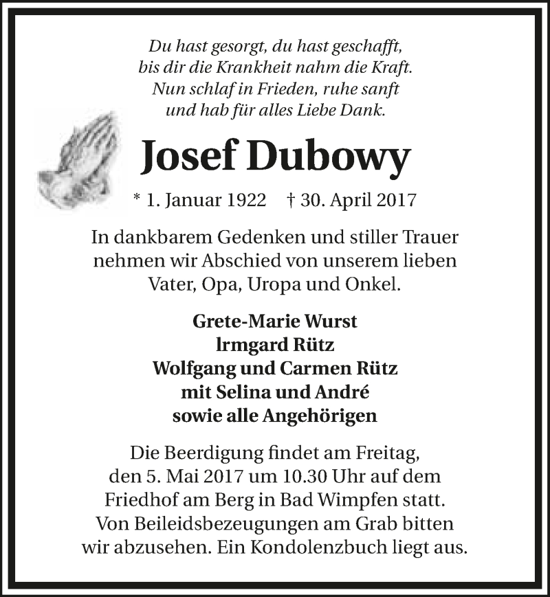  Traueranzeige für Josef Dubowy vom 03.05.2017 aus 