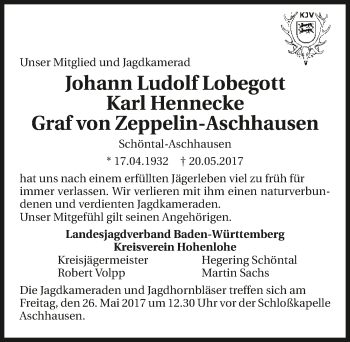 Traueranzeige von Johann Ludolf Lobegott Karl Hennecke Graf von Zeppelin-Aschhausen 