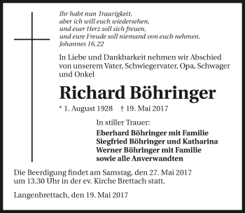 Traueranzeige von Richard Böhringer